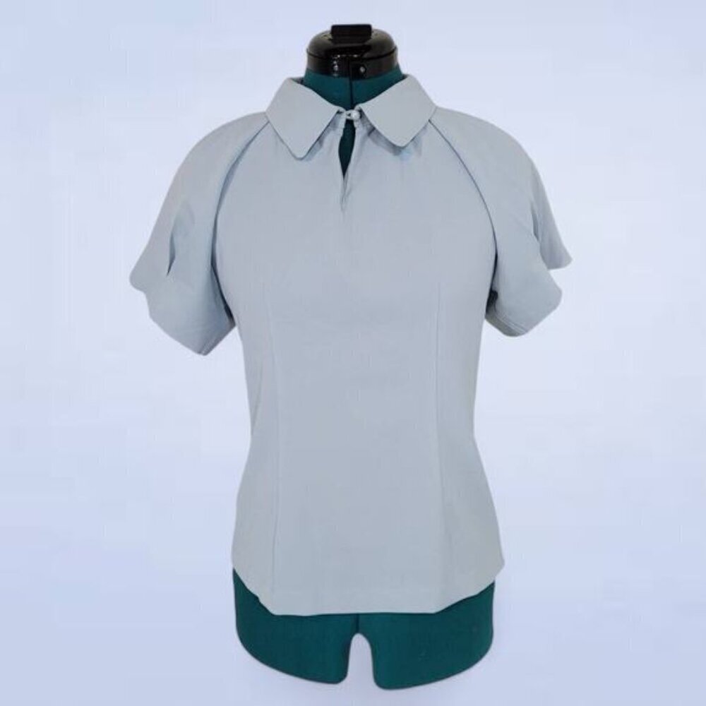 Ashlee Pastel Short Sleeve Blue Blouse with White Lace‎ Back - Size Medium